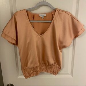 S’edge Peach V-Neck Flutter-Sleeve Top with Smocked Waist